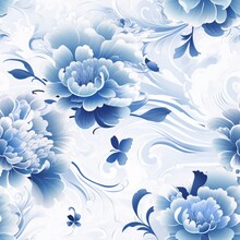 Seamless Ethnic Chinese Porcelain Painting Pattern With Blue And White Motifs.