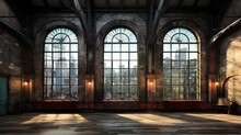 Golden Hour Sunlight Bathing An Industrial Loft Space With Arched Windows And Brick Walls