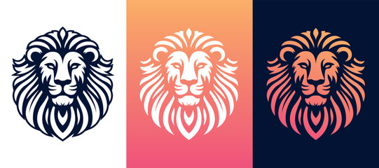 Wall Mural - Lion head logo template design line art vector illustration isolated on white and dark backgrounds. Lion face with mane hair brand identity logotype design.