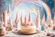 Fairy Tale Magic: fairytale elements like castles and rainbows against a soft, dreamy background, creating a magical ambiance for a themed birthday celebration.