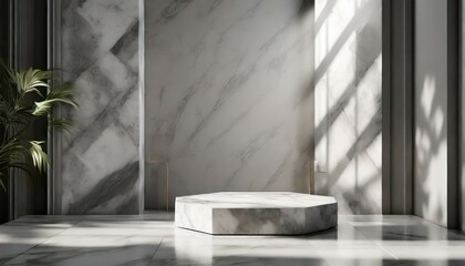 Wall Mural - gray tone marble wall and podium in a sunny room 3d render