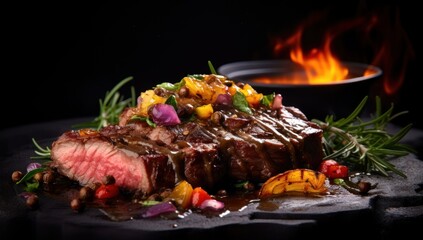 Wall Mural -  a piece of steak on a plate covered in sauce and garnished with a sprig of rosemary.