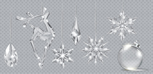 Poster - Vector realistic transparent Christmas crystal deer, balls, snowflakes and crystal decoration on abstract background. Glass sparkling translucent crystals	
