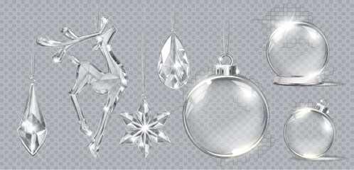 Wall Mural - Vector realistic transparent Christmas crystal deer, balls, snowflakes and crystal decoration on abstract background. Glass sparkling translucent crystals	
