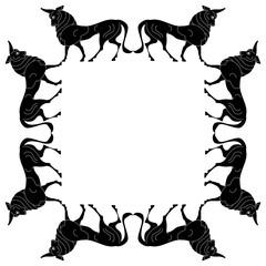 Wall Mural - Square animal frame with stylized bulls. Ancient Greek vase painting style. Black and white silhouette.