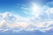  a blue sky with white clouds and a plane flying in the sky with a bright sun in the middle of the sky.