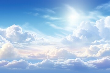 a beautiful blue sky with white clouds and the sun shining through them, creating a stunning contras