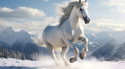 Canvas Print -  a white horse running in the snow with mountains in the background and clouds in the sky in the foreground.