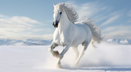 Wall Mural -  a white horse galloping through the snow in the middle of a wintery landscape with mountains in the background.