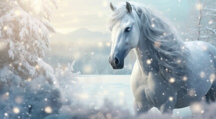 Wall Mural -  a painting of a white horse in a snowy landscape with trees and snow flakes in the foreground and a mountain range in the background.