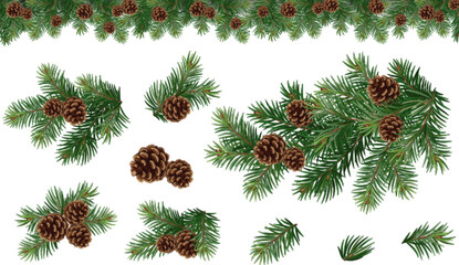Wall Mural - Realistic vector Christmas isolated tree branches garland and collections of Christmas tree branch with pine cones	
