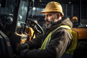 Poster - A construction worker operating heavy machinery at a building site, reflecting the effort and precision required in construction projects. Generative Ai.