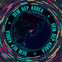 Poster - North Korea on globe. Satellite view of the world centered on North Korea. Bright neon style. Futuristic radial bricks background. Stylish vector illustration.