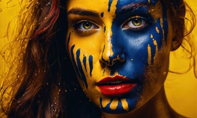 Wall Mural - Portrait of Beautiful Woman with paint splash drops on her body with studio background. Girl with Art Make-Up. Fashion Model with Colorful Makeup. Young woman with multi-coloured paint on her face