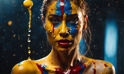 Wall Mural - Portrait of Beautiful Woman with paint splash drops on her body with studio background. Girl with Art Make-Up. Fashion Model with Colorful Makeup. Young woman with multi-coloured paint on her face