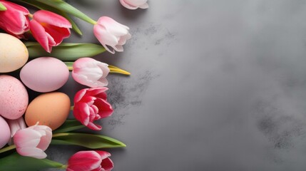 Wall Mural - Easter eggs and tulips on a gray background. Generative AI.