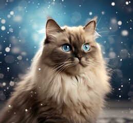 Poster - A cat with blue eyes sitting in the snow. Generative AI.