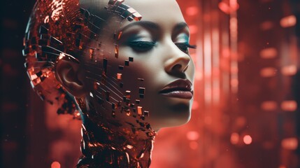 Wall Mural - Big data and artificial intelligence concept. Machine learning and cyber mind domination concept in form of women face outline outline with circuit board and binary data flow on red background.