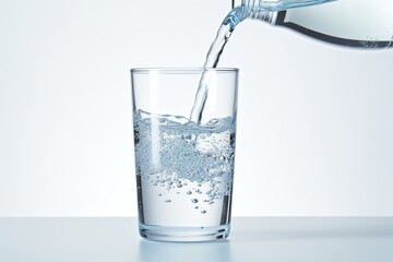 Wall Mural - Pouring water from bottle into glass of water on white background