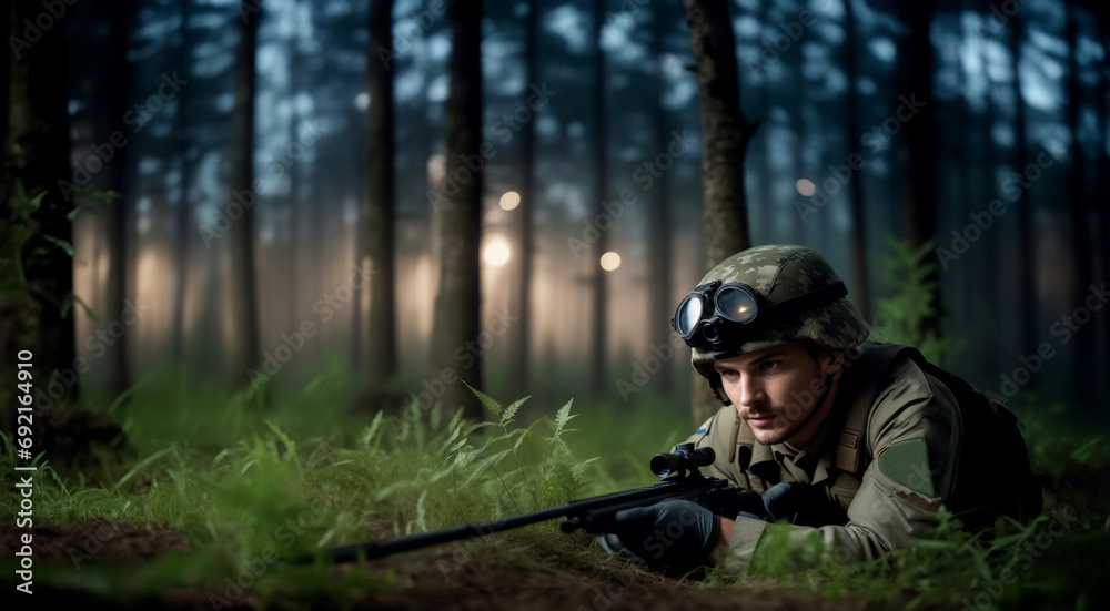 military sniper lies in ambush in the forest with a sniper rifle Stock ...