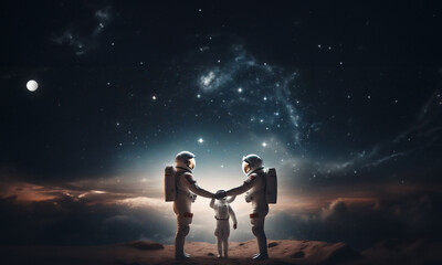 concept of a family in space, parents and child in spacesuits on mars