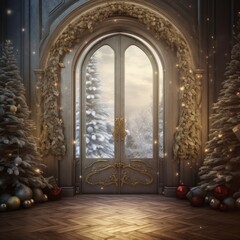 Poster - a door with trees and decorations