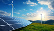 Renewable Energy Wind Turbines and solar panels in Sunlit Green Landscape