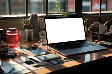 Sticker - The polished and sanitized surface of a work desk, devoid of any clutter or dust, portraying a professional and clean workspace. Concept of organized efficiency. Generative Ai.