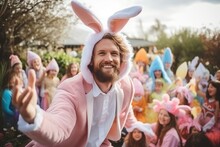 Handsome Young Man In Bunny Ears Taking Selfie On Easter Egg Hunt