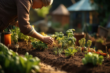 Wall Mural - A person engaging in sustainable gardening, cultivating a homegrown vegetable garden. Concept of eco-friendly living practices. Generative Ai.