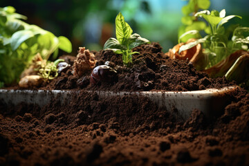 Sticker - A home composting system, turning organic waste into nutrient-rich soil for gardening. Concept of sustainable waste management practices. Generative Ai.