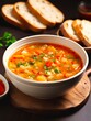 Vegetable soup served with slices of bread.