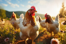 Free Range Chickens On The Farm, Organic Agriculture, Generative Ai