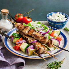 Wall Mural - Delicious Greek lamb souvlaki skewers on a plate with salad.