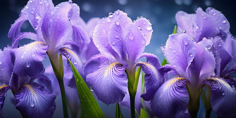 Macro close up of beautiful purple iris flowers with waterdrops, floral background