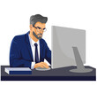 © Alena - Vector Illustration. Serious man in a business suit working at a laptop. . Vector illustration