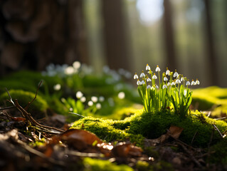 Wall Mural - Macro close up of first flowers in a Forest at spring, blurry background with trees and sunlight