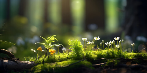 Wall Mural - Macro close up of first flowers in a Forest at spring, blurry background with trees and sunlight