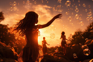 Canvas Print - Silhouettes of girls in playful poses, surrounded by floating soap bubbles, capturing the fleeting and carefree nature of youth. Generative Ai.