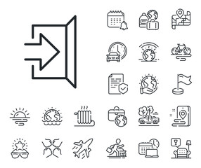 Aufkleber - Open door sign. Plane jet, travel map and baggage claim outline icons. Exit line icon. Entrance symbol with arrow. Exit line sign. Car rental, taxi transport icon. Place location. Vector