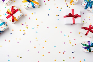 Colorful gift boxes with confetti on white background