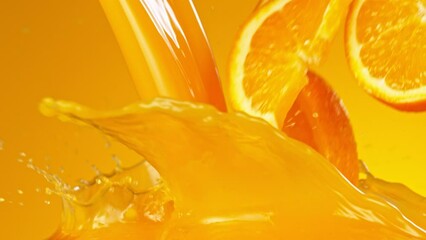 Poster - Orange slices splashing into juice, macro shot. Macro background. Filmed on a high-speed cinema camera at 1000 fps.