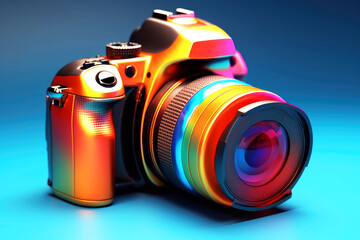 Wall Mural - world photography day concept. bright glamorous compact digital camera with cool lens on blue backgr