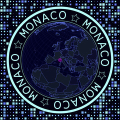 Fototapete - Monaco on globe vector. Futuristic satellite view of the world centered on Monaco. Geographical illustration with shape of country and squares background. Bright neon colors on dark background.
