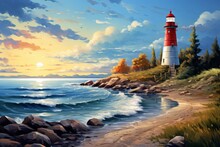 Lighthouse Seascape Oil Painting - Wall Art - Poster - Printable - Print - Wallpaper - Background - Artwork 