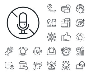 Wall Mural - Mute mic sign. Place location, technology and smart speaker outline icons. No microphone line icon. No voice record symbol. No microphone line sign. Influencer, brand ambassador icon. Vector