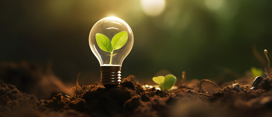 Wall Mural - light bulb with a plant growing inside - concept of caring for the environment and sustainable energ