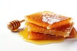 Honeycomb with honey and honey dipper on white background