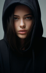 Wall Mural - Young beautiful girl in a black hoodie posing. Warm oversized hoodie with an hood. Stylish trendy hipster bow. Trying on clothes in a store. Youth subculture. Fashion clothing. Generated AI