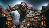 Fototapeta  - Giant monster attacking medieval town